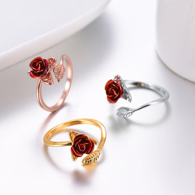 Red Rose Garden Flower Leaves Resizable Finger Rings for Women