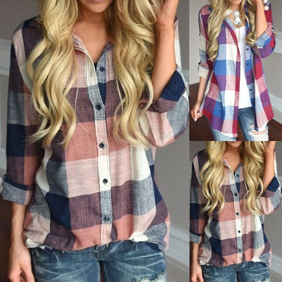 Women's - Female Casual Matching Color Long Sleeve Plaid Shirt