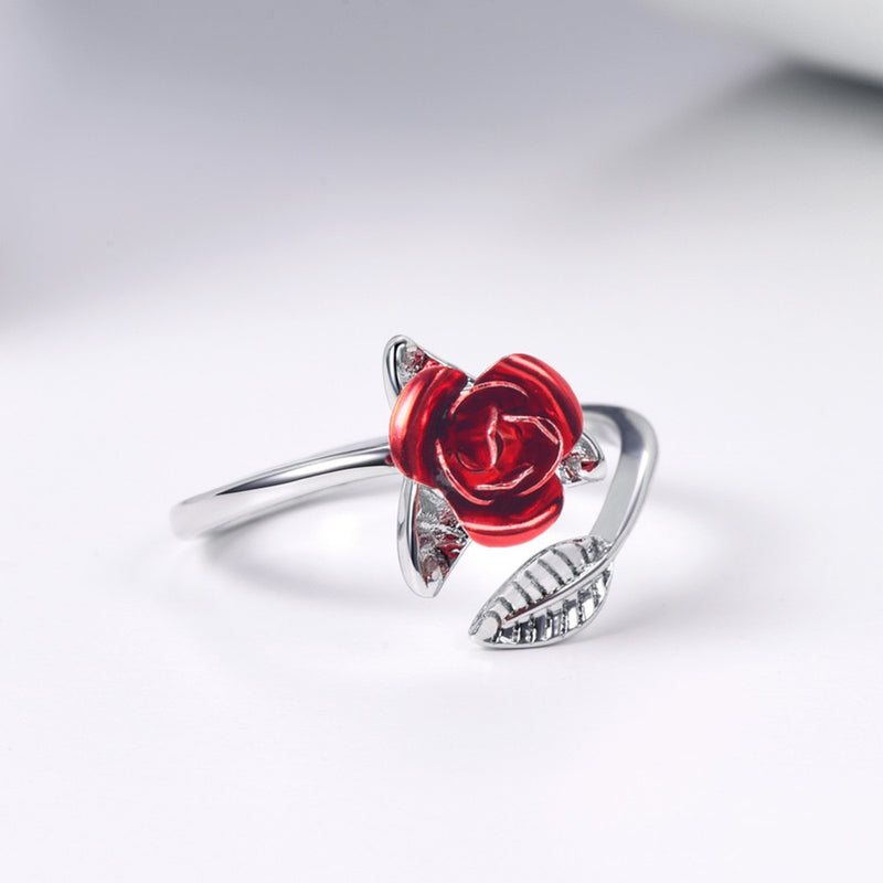 Red Rose Garden Flower Leaves Resizable Finger Rings for Women