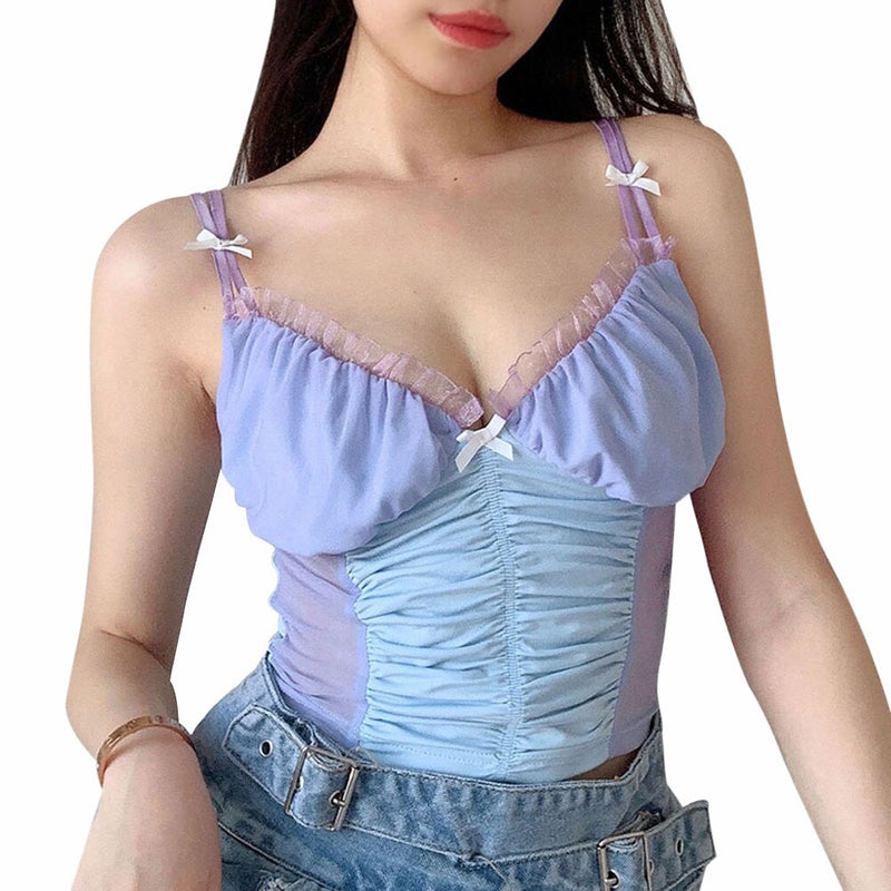 Camisola elástica de empalme de color para mujer, top corto ajustado de malla con cuello en V informal de verano