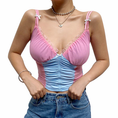 Women's - Color Splicing Slip Elastic Camisole Summer Casual V-neck Mesh Slim Crop Top