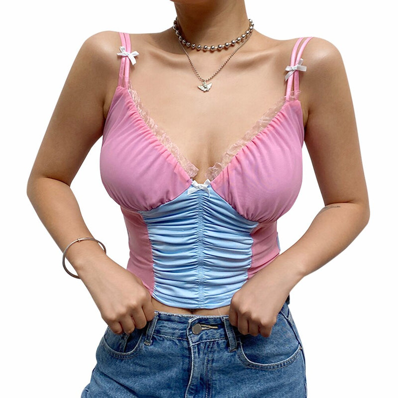 Camisola elástica de empalme de color para mujer, top corto ajustado de malla con cuello en V informal de verano