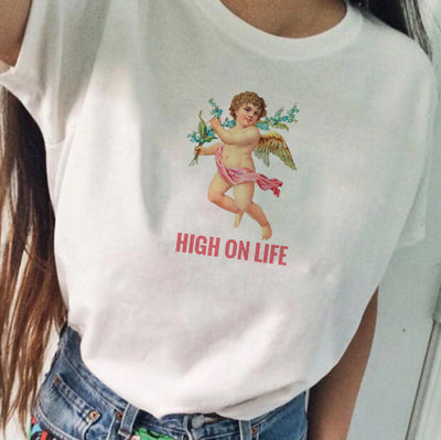 Women's - HIGH ON LIFE Angel T-shirt Ulzzang Tumblr Angel Printed White Top
