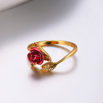 Anillos de dedo redimensionables con hojas de flores de jardín de rosas rojas para mujer