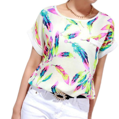 Damen – Chiffon-Bluse mit Federn, lässiges, kurzärmliges, lockeres Hemd