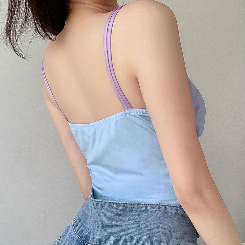 Damen – Color Splicing Slip Elastic Camisole Sommer Casual V-Ausschnitt Mesh Slim Crop Top