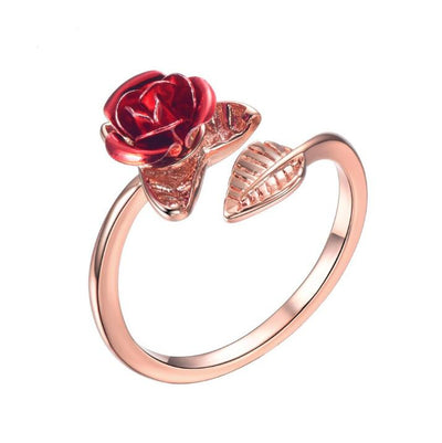 Anillos de dedo redimensionables con hojas de flores de jardín de rosas rojas para mujer