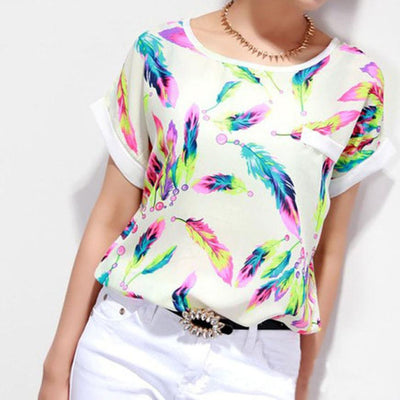 Damen – Chiffon-Bluse mit Federn, lässiges, kurzärmliges, lockeres Hemd