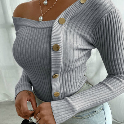 Women's - Long Sleeve Off Shoulder Elegant Knitted Top