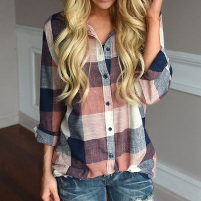 Women's - Female Casual Matching Color Long Sleeve Plaid Shirt
