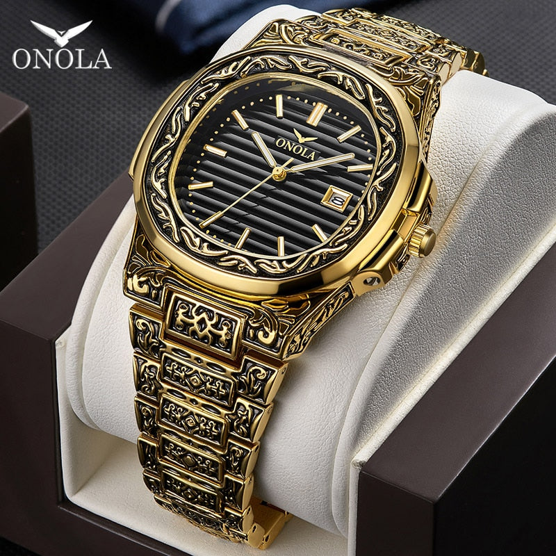 Hombres - ONOLA Reloj de acero inoxidable dorado retro de lujo 