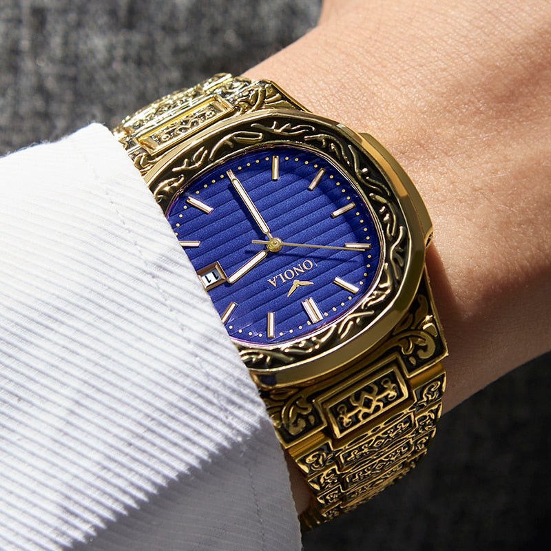 Hombres - ONOLA Reloj de acero inoxidable dorado retro de lujo 